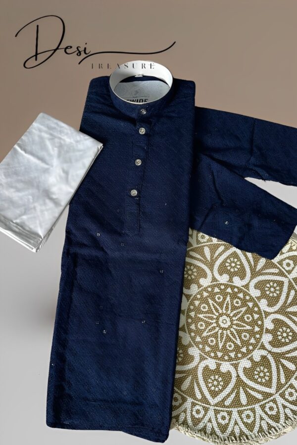 KID’S NAVY BLUE KURTA PYJAMA WITH EMBROIDERY AND SEQUENCE WORK FOR BOYS