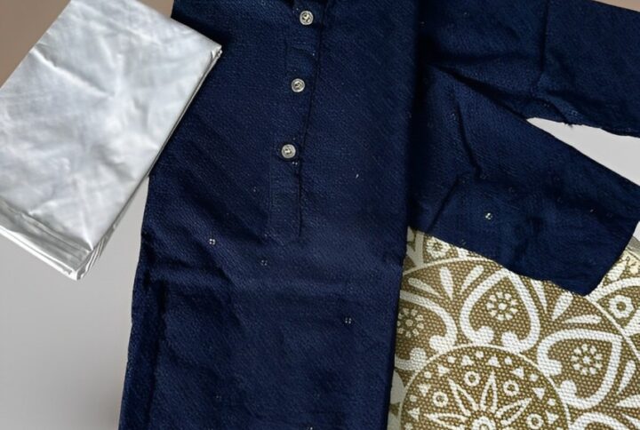 KID’S NAVY BLUE KURTA PYJAMA WITH EMBROIDERY AND SEQUENCE WORK FOR BOYS