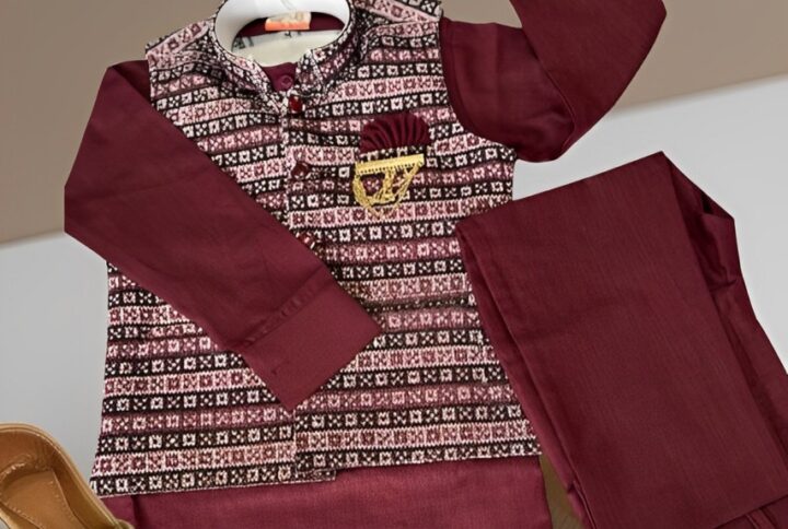 KID’S MAROON KURTA PYJAMA WITH JACKET FOR BOYS