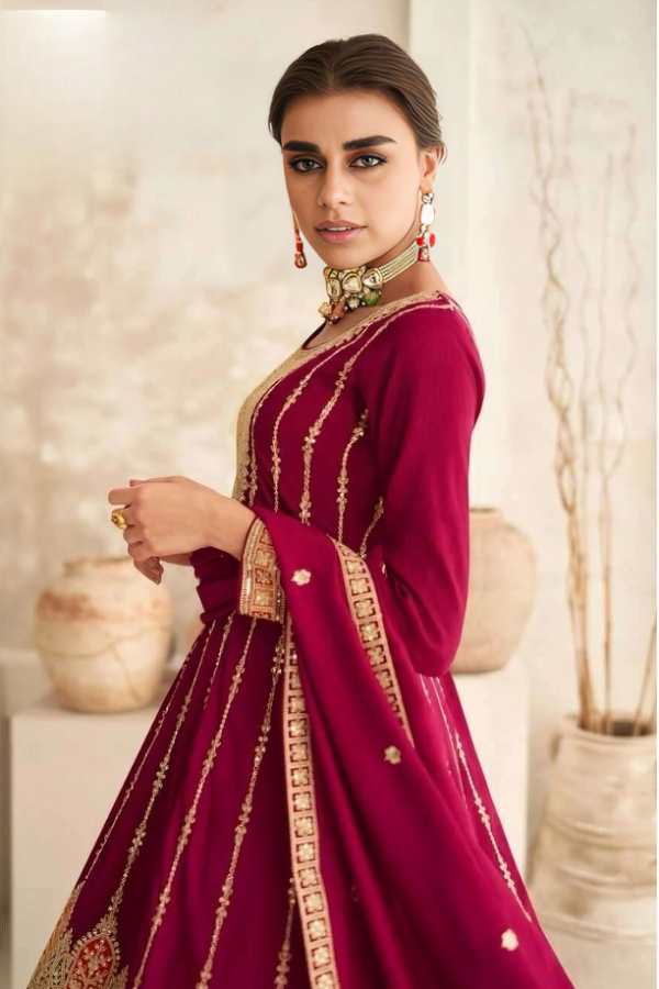 Raspberry Pink Color Embroidery Suit