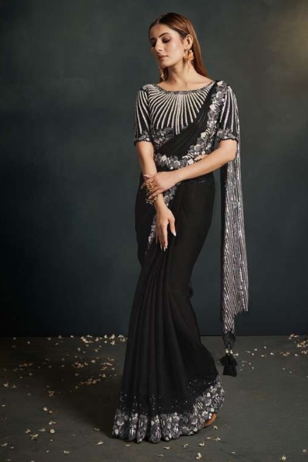 Black Enchantment: Embroidered Silk Crepe Satin Saree with Belt