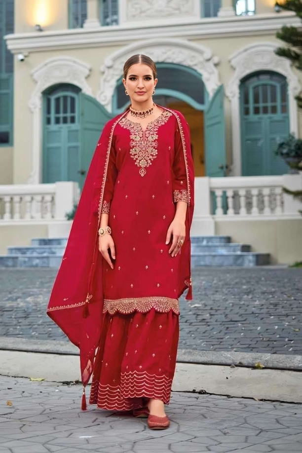 Elegant Embroidered Silk Sharara Suit Set with Organza Dupatta