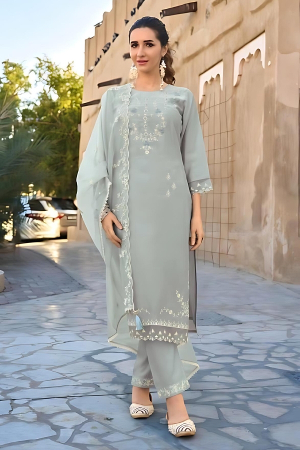 Grey Silk Kurti with Viscose Pants & Embroidered Dupatta