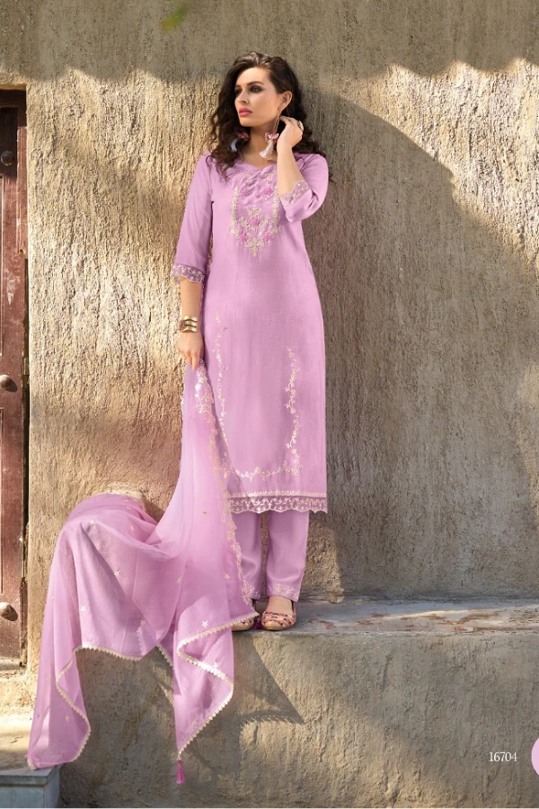 Purple Silk Kurti with Viscose Pants & Embroidered Organza Dupatta.