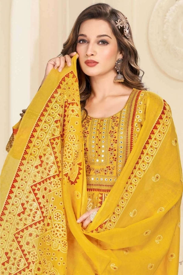 Yellow Heavy Rayon Foil Prints Long Anarkali Gown With Dupatta