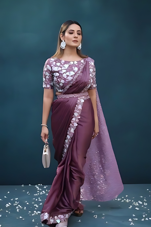 Designer Purple Ready-to-Wear Silk Crepe Georgette Saree with Belt