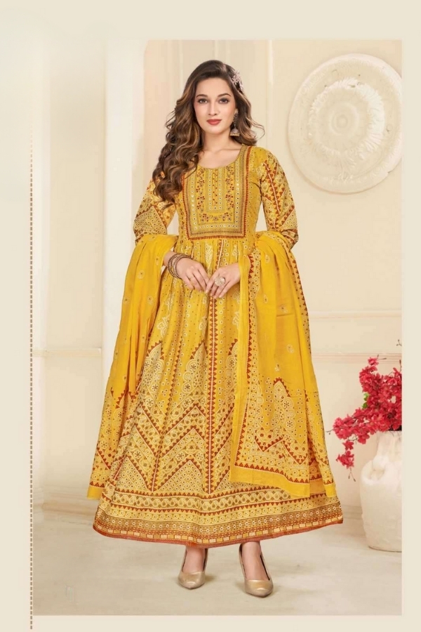 Yellow Heavy Rayon Foil Prints Long Anarkali Gown With Dupatta