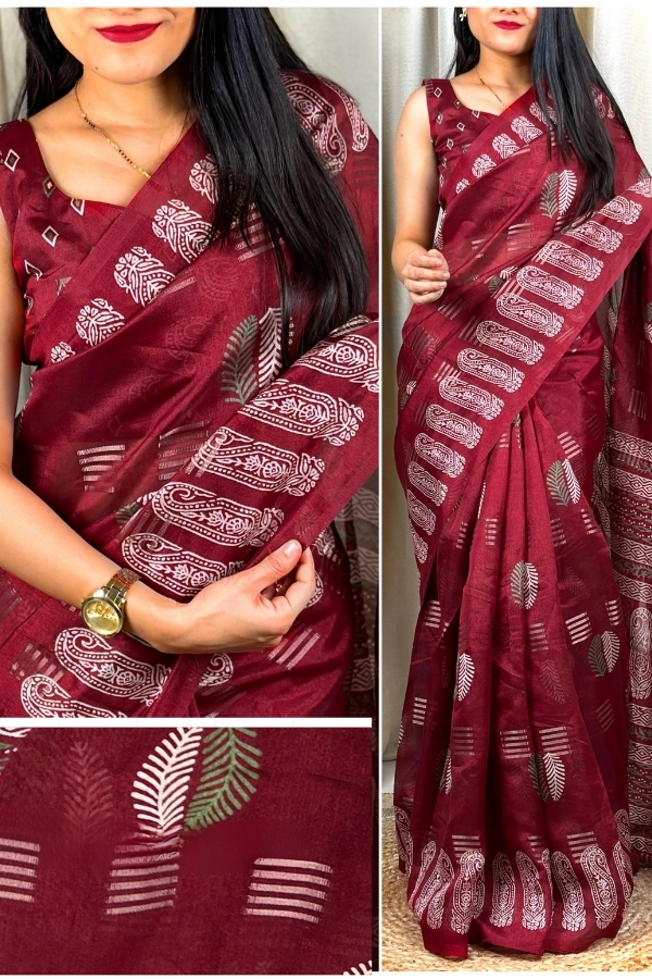 Maroon Classic Printed Saree with a Touch of Zari Jacquard Lining