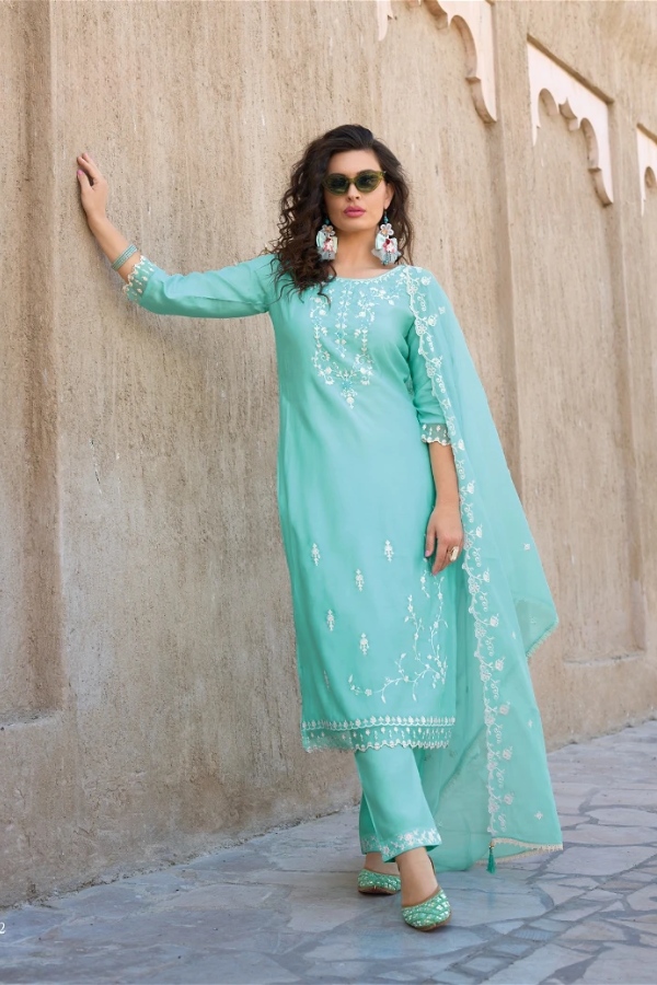 Sky Blue Silk Kurti with Viscose Pants & Embroidered Dupatta