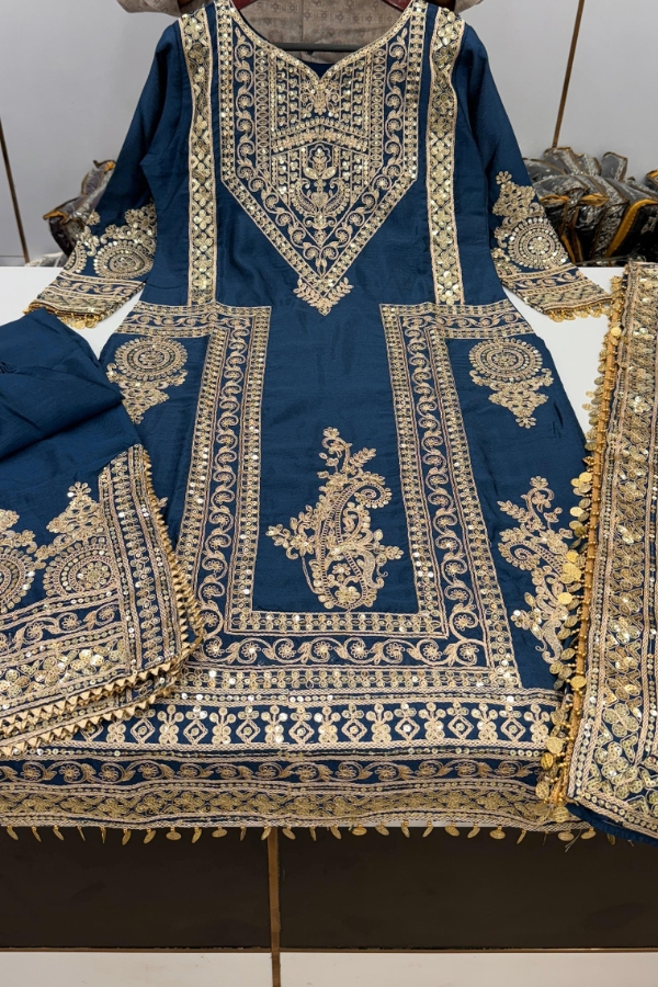 Designer Chinnon Silk Embroidered Top-Plazzo with Dupatta Set