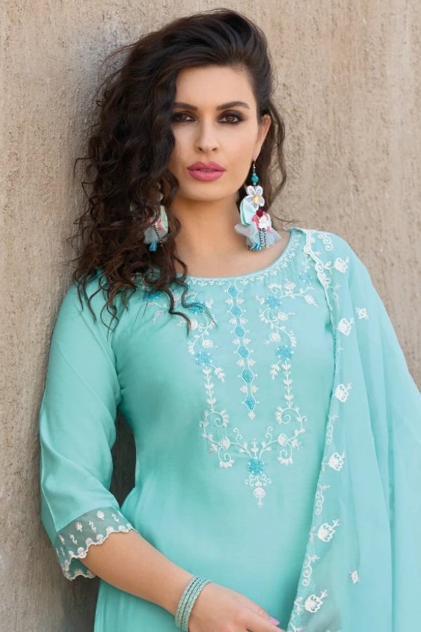 Sky Blue Silk Kurti with Viscose Pants & Embroidered Dupatta