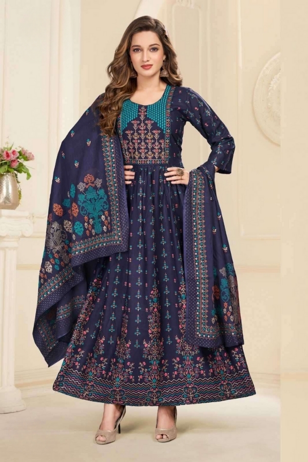 Dark Blue Heavy Rayon Foil Prints Long Anarkali Gown With Dupatta