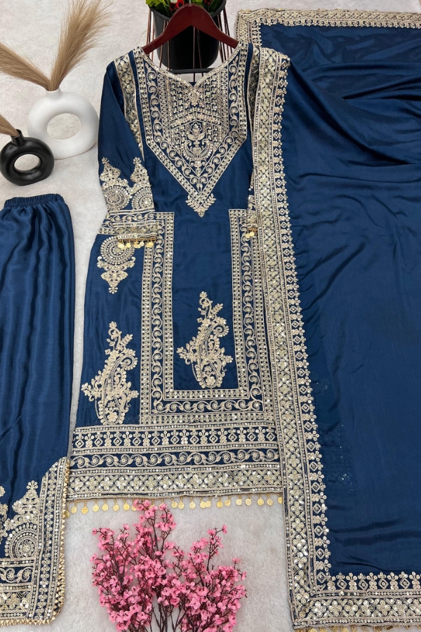 Designer Chinnon Silk Embroidered Top-Plazzo with Dupatta Set