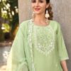 Green Silk Kurti with Viscose Pants & Embroidered Organza Dupatta