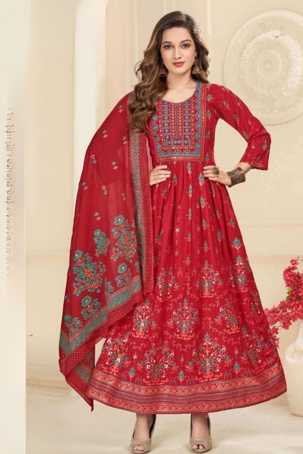 Red Heavy Rayon Foil Prints Long Anarkali Gown With Dupatta