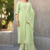 Green Silk Kurti with Viscose Pants & Embroidered Organza Dupatta