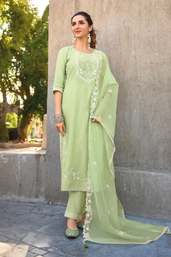 Green Silk Kurti with Viscose Pants & Embroidered Organza Dupatta