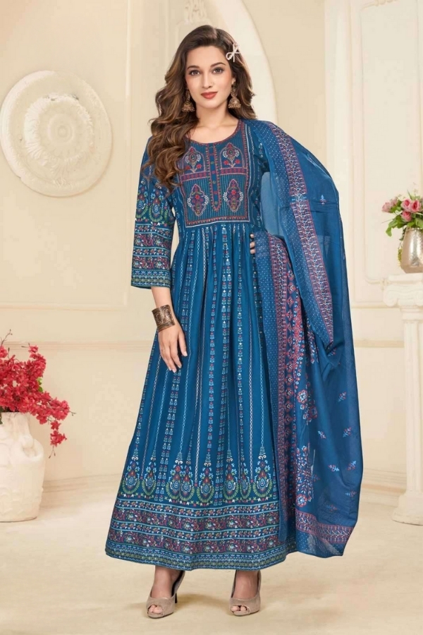 Blue Heavy Rayon Foil Prints Long Anarkali Gown With Dupatta