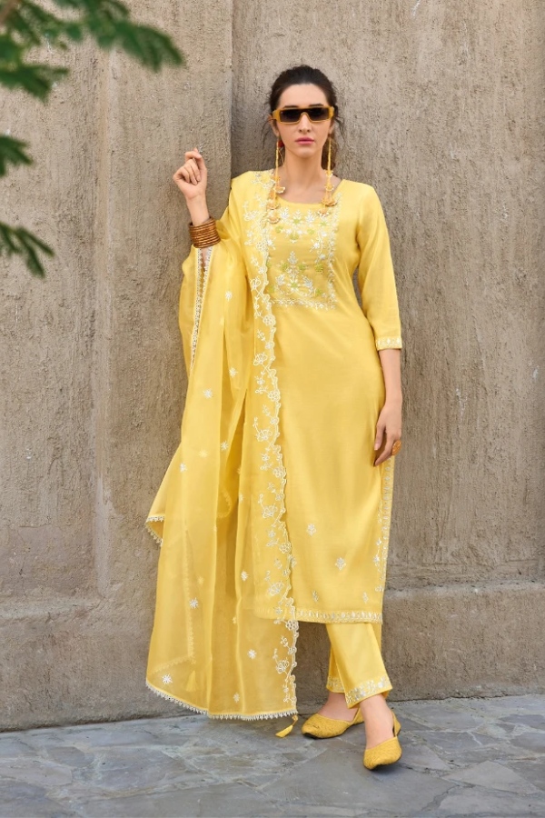 Yellow Silk Kurti with Viscose Pants & Embroidered Dupatta