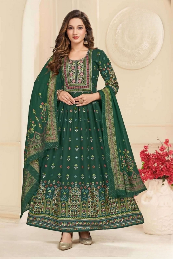 Green Heavy Rayon Foil Prints Long Anarkali Gown With Dupatta