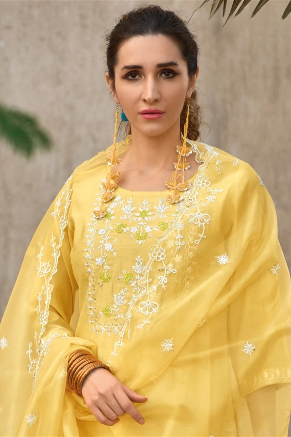 Yellow Silk Kurti with Viscose Pants & Embroidered Dupatta