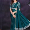 Designer Green Ready-to-Wear Fancy Crepe Satin Silk Saree with Stitched Blouse and Belt