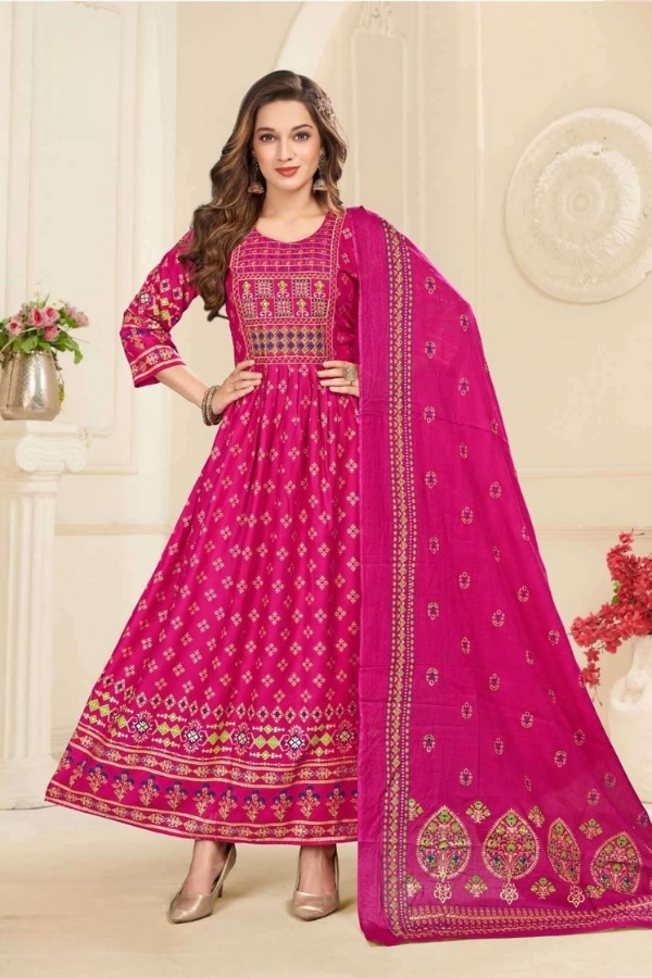 Pink Heavy Rayon Foil Prints Long Anarkali Gown With Dupatta