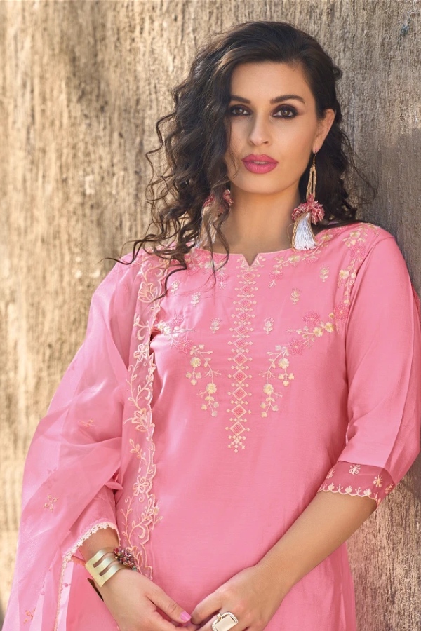 Pink Silk Kurti with Viscose Pants & Embroidered Dupatta