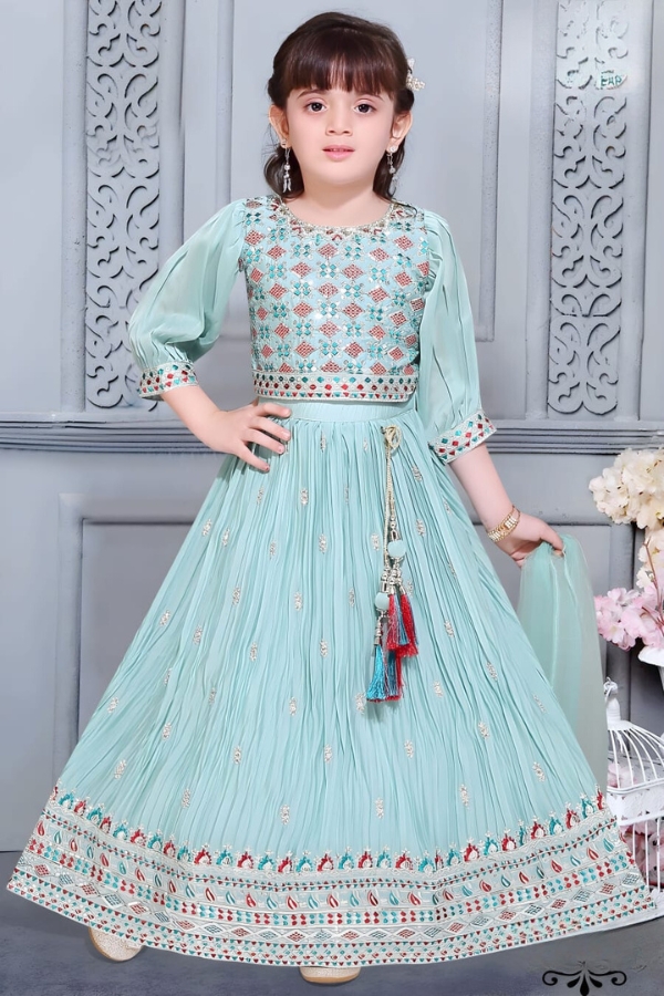 Charming Blue Georgette Kids Dress with Embroidery