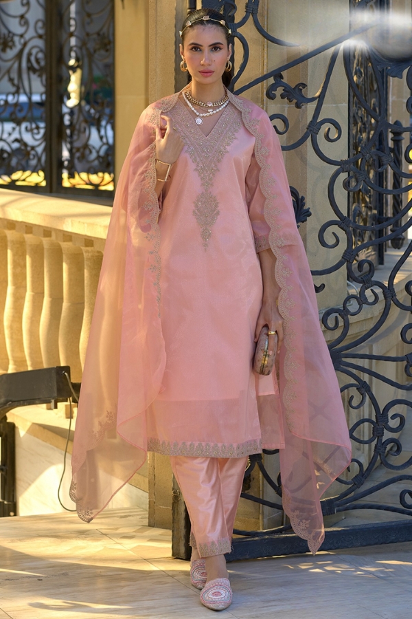 Luxurious Silk Ensemble: Motif Embroidered Collection