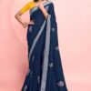 Designer Printed Pure Linen Multi Colors Sarees with Multi Embroidery Work