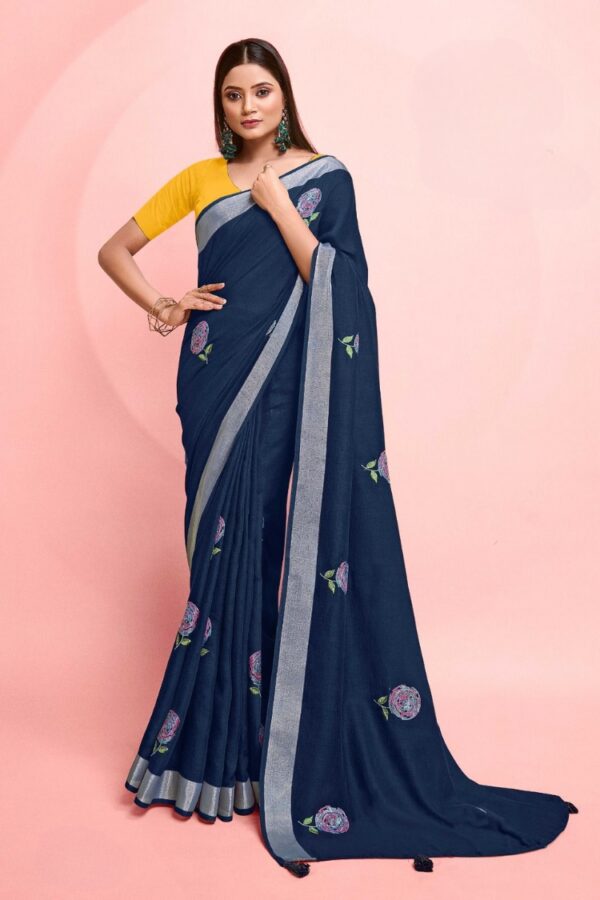 Designer Printed Pure Linen Multi Colors Sarees with Multi Embroidery Work