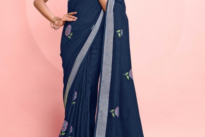 Designer Printed Pure Linen Multi Colors Sarees with Multi Embroidery Work