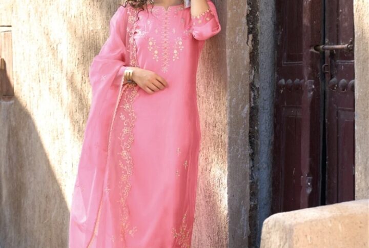 Pink Silk Kurti with Viscose Pants & Embroidered Dupatta