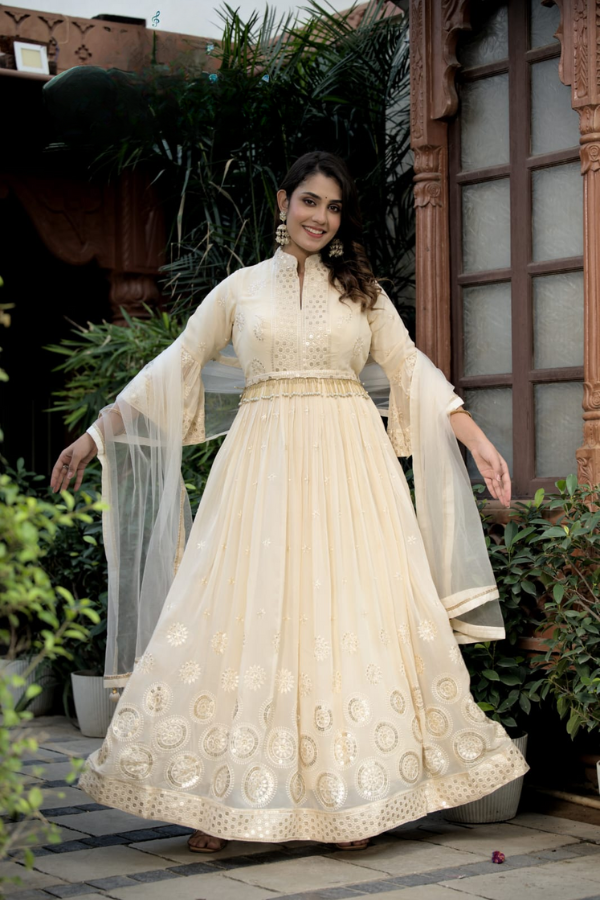 Exclusive Designer Gown With Soft Net Dupatta, and Designer Belt