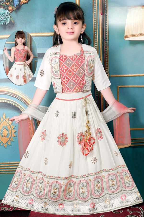 Charming White Georgette Kids Dress with Embroidery