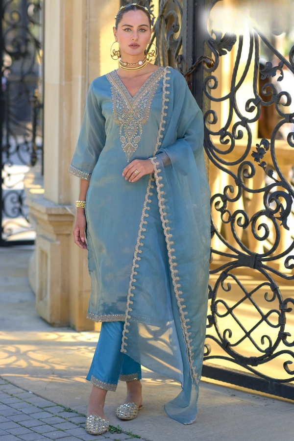 Luxurious Silk Ensemble: Motif Embroidered Collection