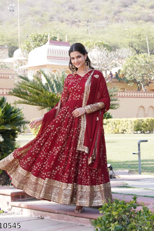 Elegant Embroidered Georgette Gown with Dupatta - Maroon