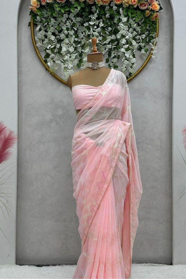 Sequined Chiffon Georgette Saree with Designer Lace Border