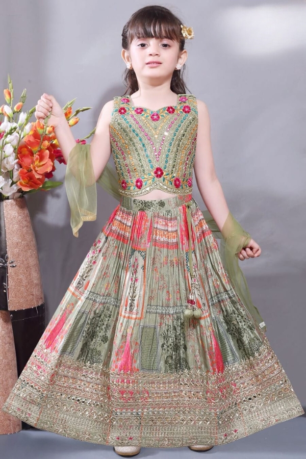 Pista Green Georgette Kids Dress with Net Dupatta