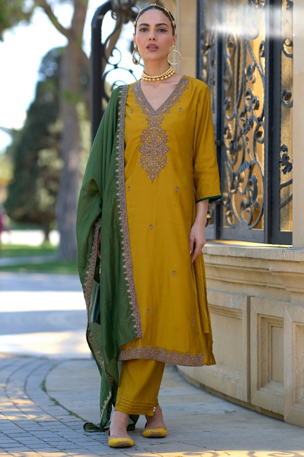 Luxurious Silk Ensemble: Motif Embroidered Collection