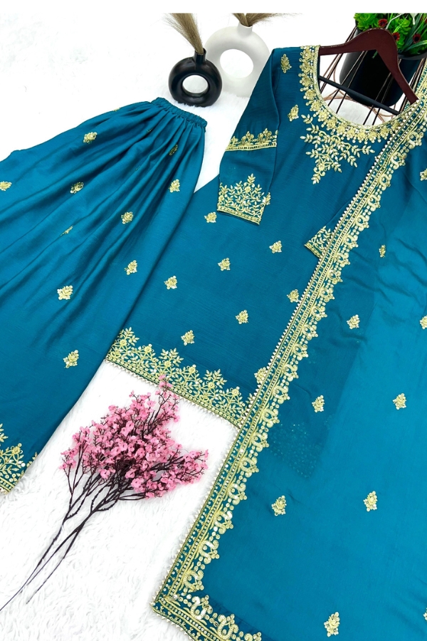 Eid Collection Embroidered Faux Georgette Top-Bottom-Dupatta Set