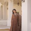 Elegant Faux Georgette Embroidered Gown with Dupatta - Coffee Color