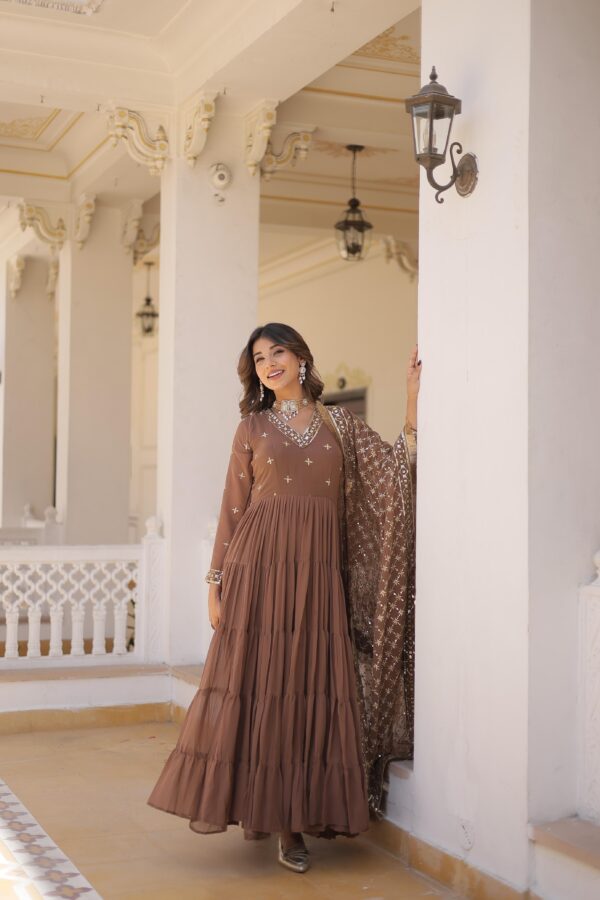 Elegant Faux Georgette Embroidered Gown with Dupatta - Coffee Color