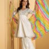 Elegant Off-White Masleen Cotton Silk Ensemble with Golden Thread Embroidery