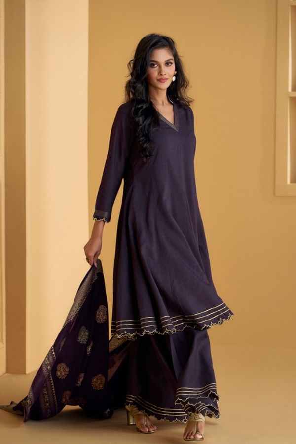 Wine Pure Masleen Cotton Silk Suit with Embroidery & Sequins -