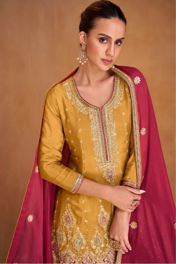 Yellow Full Stitched Heavy Real Chinon Sharara