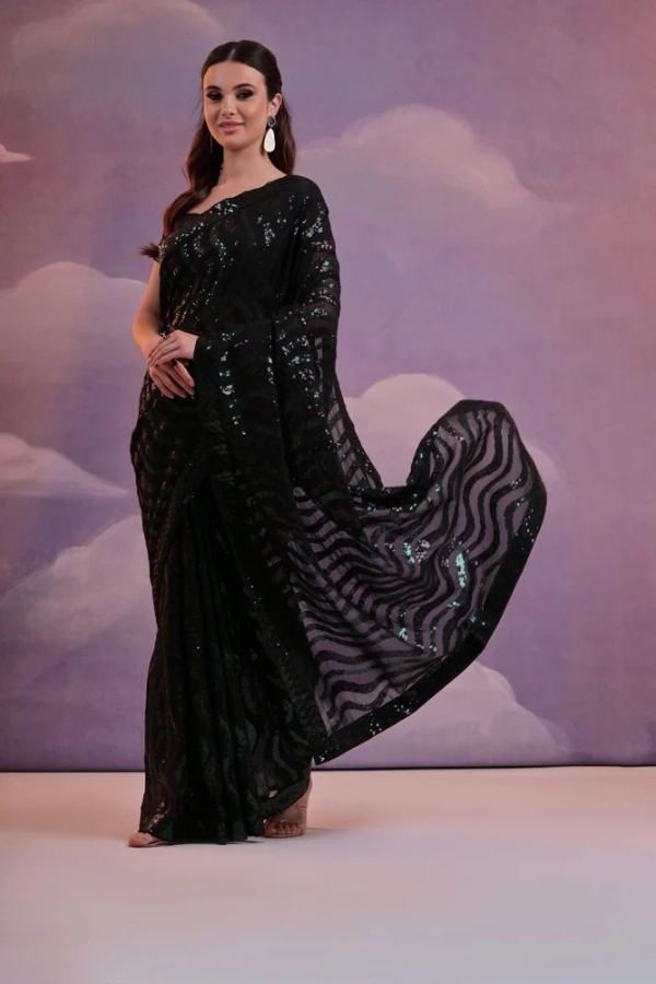 Stunning Soft Georgette Leheriya Saree with Sequins Embroidery and Banglori Blouse