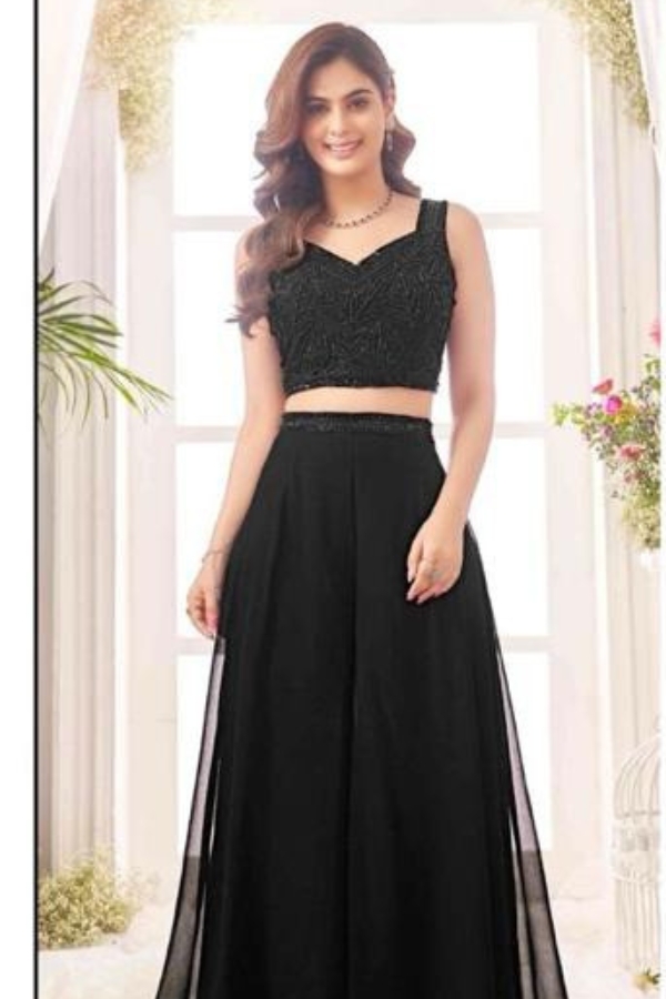 Elegant Designer Stitched Crop Top, Palazzo, and Shrug Set