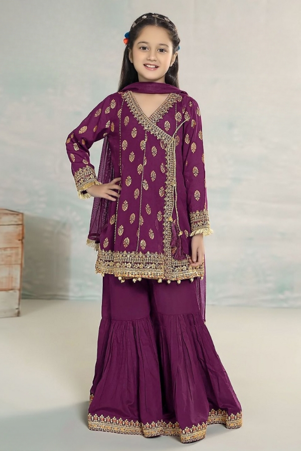 Elegant Wine Kids 3-Piece Pakistani Suit with Embroidery